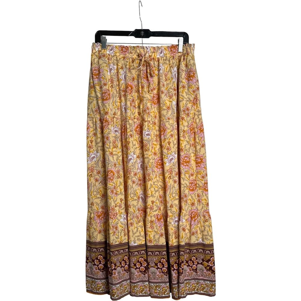 ZESICA XL Boho Floral Maxi Skirt Yellow Pink Border Print Rayon Tiered - Picture 2 of 9